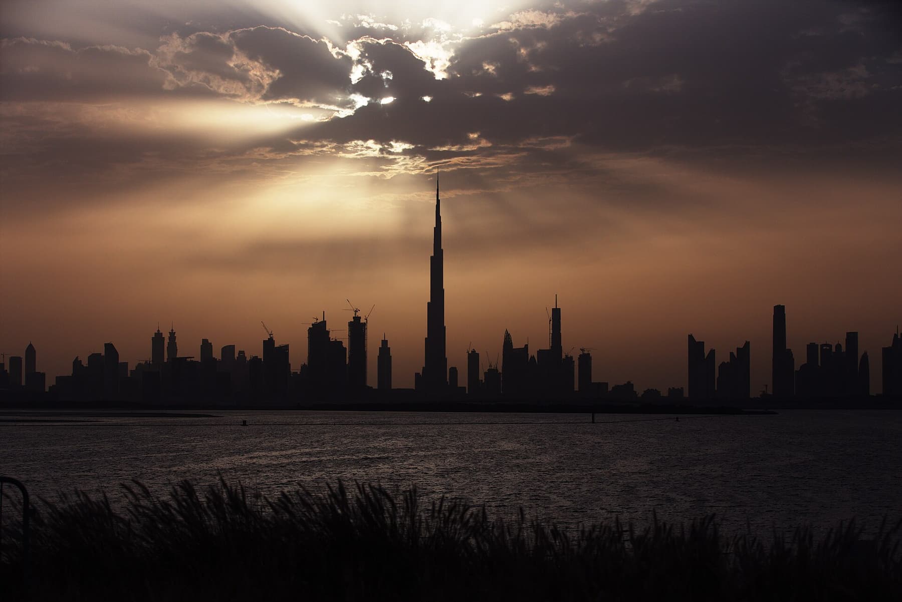 The Dubai skyline at dusk with the Burj Khalifa at its centre