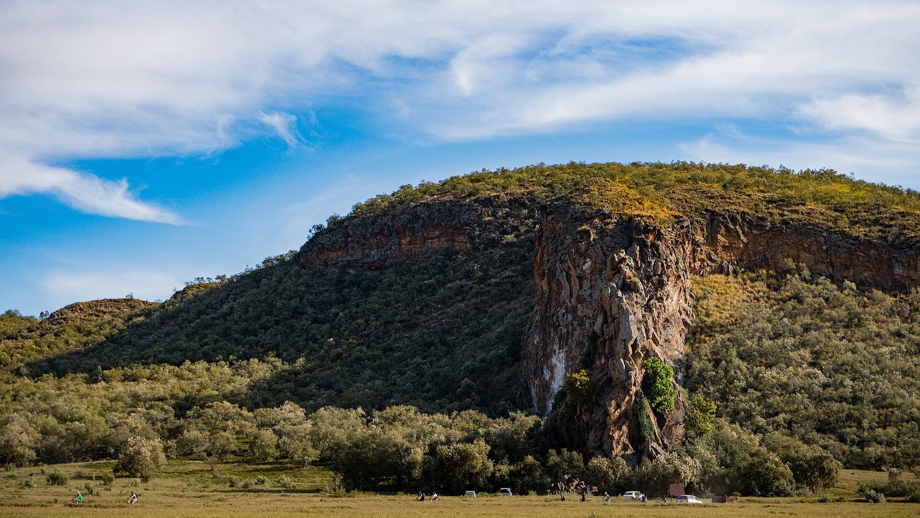 The volcanic cliffs and green slopes of Hell's Gate National Park